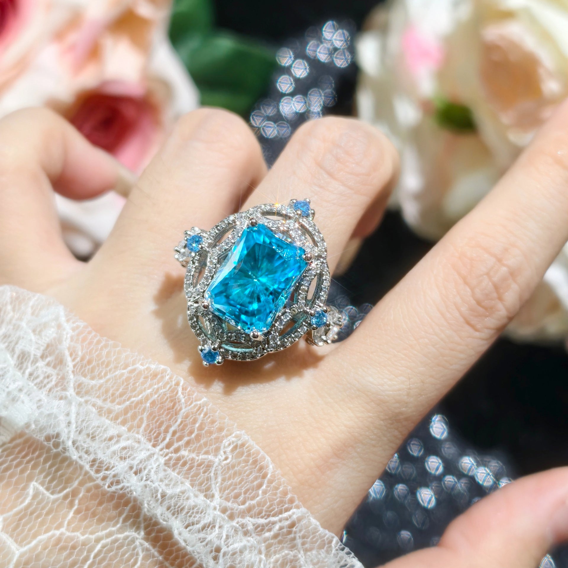 Radiant Cut Aqua Zirconia Set – Pendant, Chain, Ring & Earrings