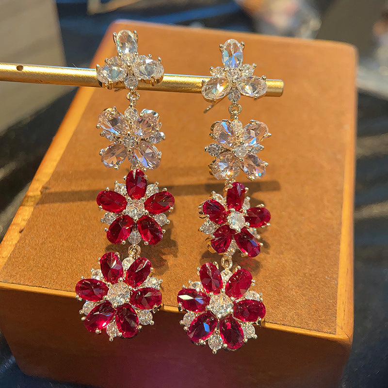 Gradient Flower Drop Earrings – Ombre Zirconia Long Earrings with