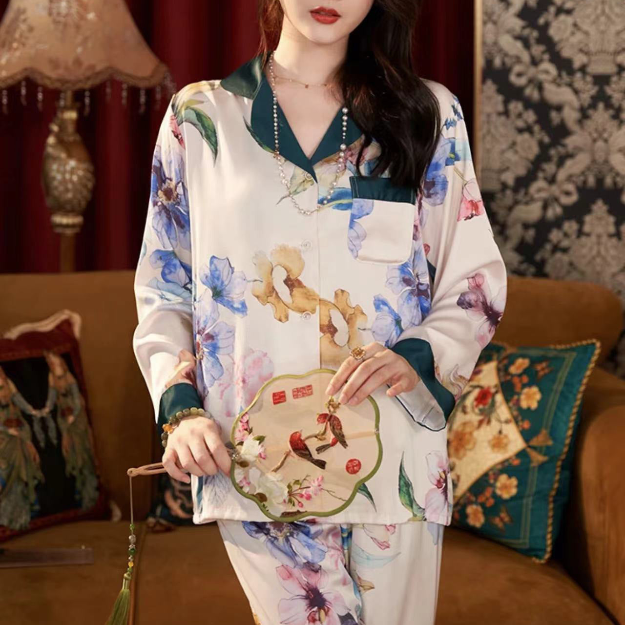 Silk-Feel Pajama Set – Short Sleeve, 3-Piece Shorts/Long Pants