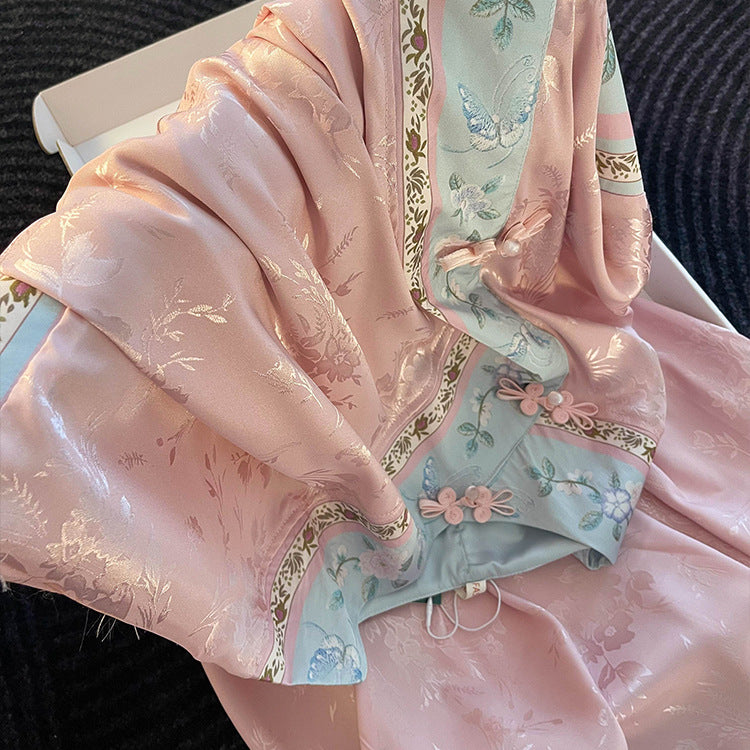 Pink Sweet Chinese-Style Sleep Dress – Short Sleeve, Floral Jacquard, S-3XL