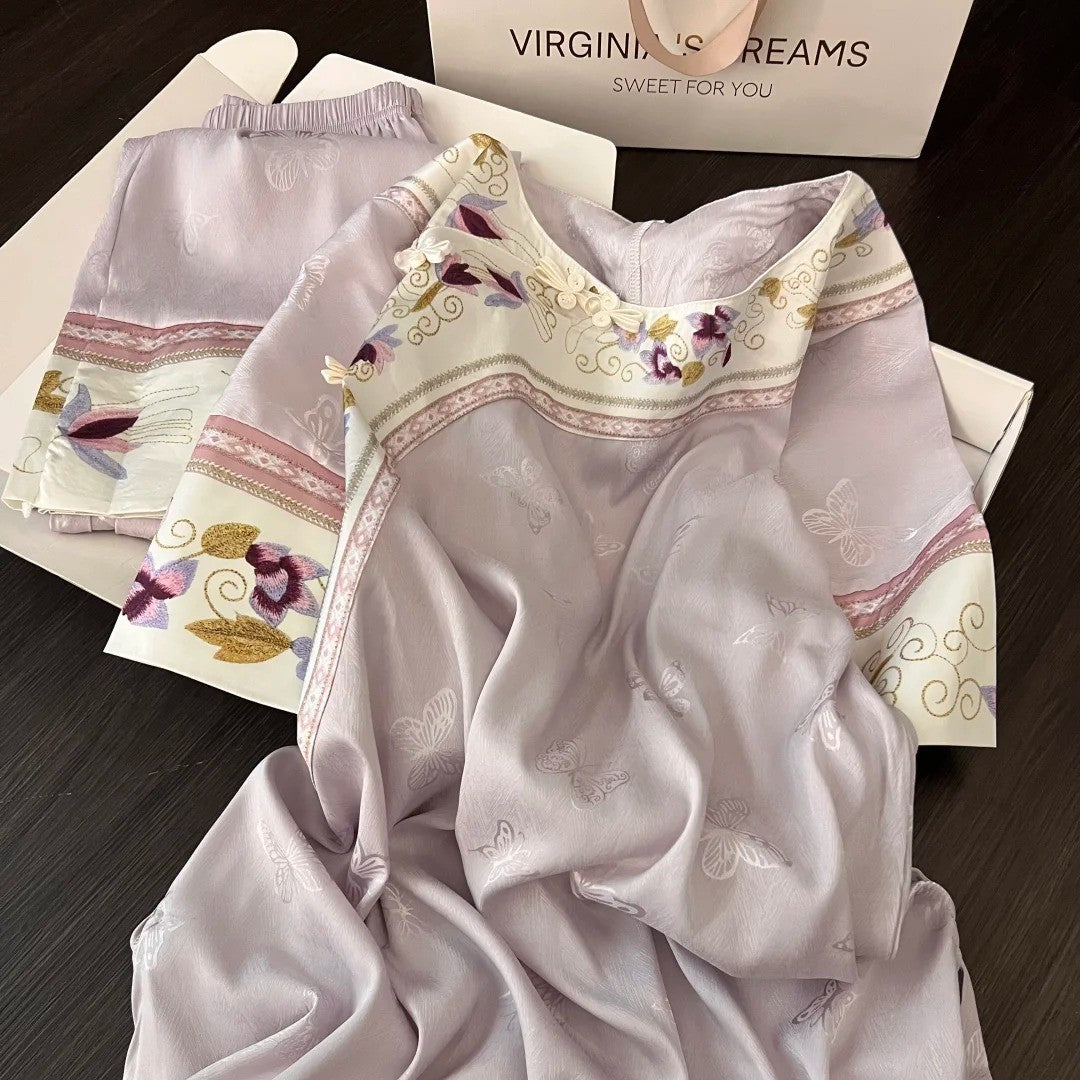 Vintage Purple Floral Pajama Set – Summer Short Sleeve + Long Pants, S-3XL