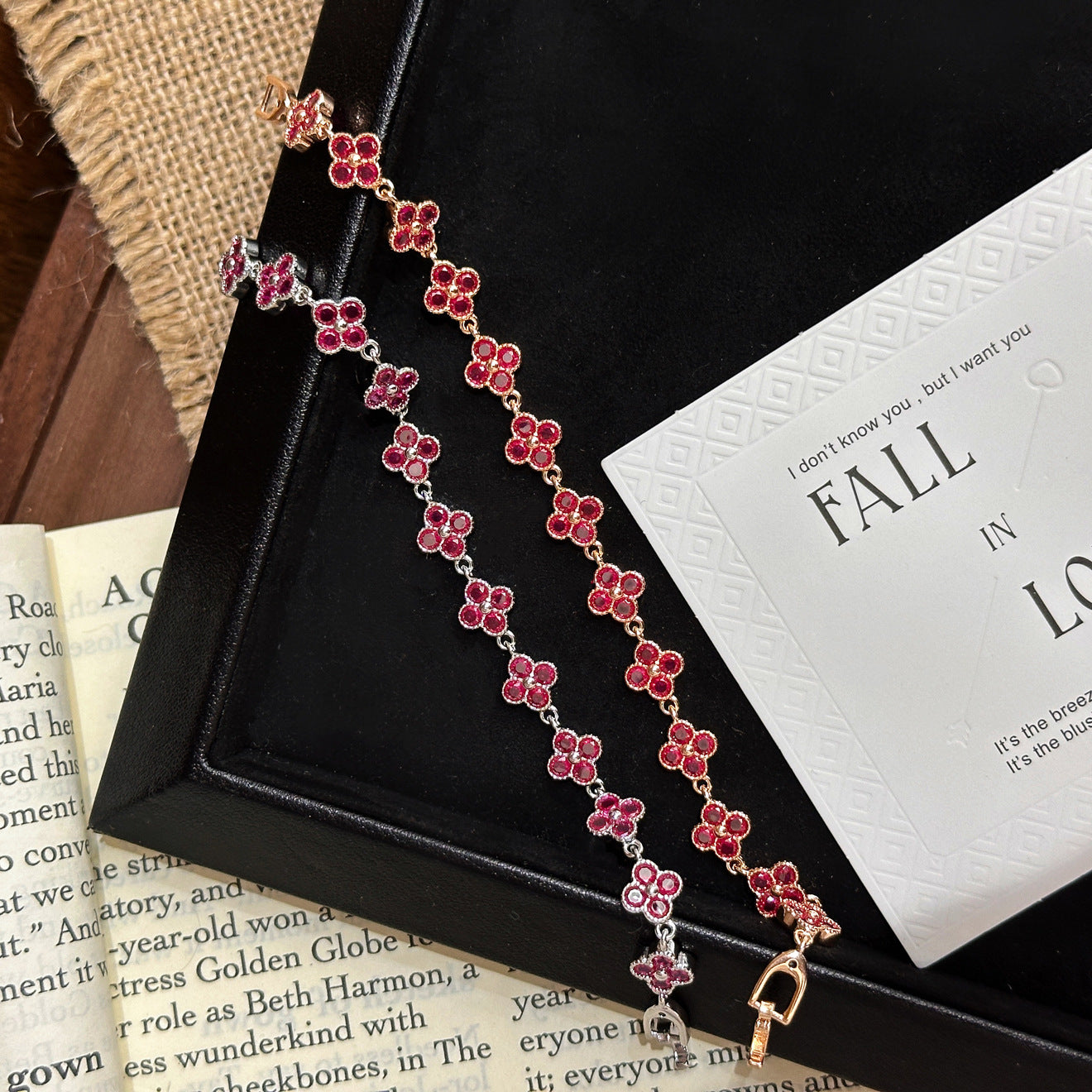 Full Pavé Four‑Leaf Bracelet – 5 Gem Colors, Champagne or White Gold