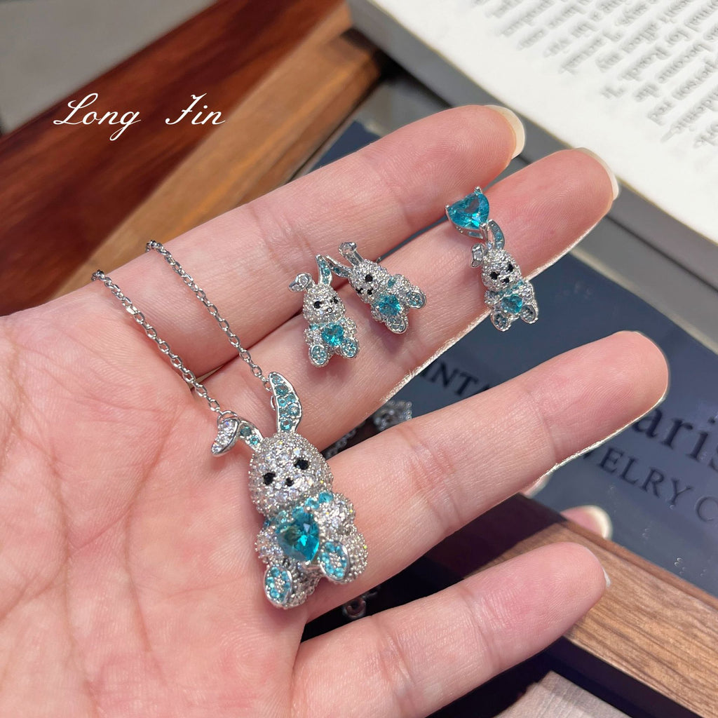 Blue Bunny Hug Jewelry Set – Paraiba Blue Rabbit Necklace, Ring, Earrings & Bracelet