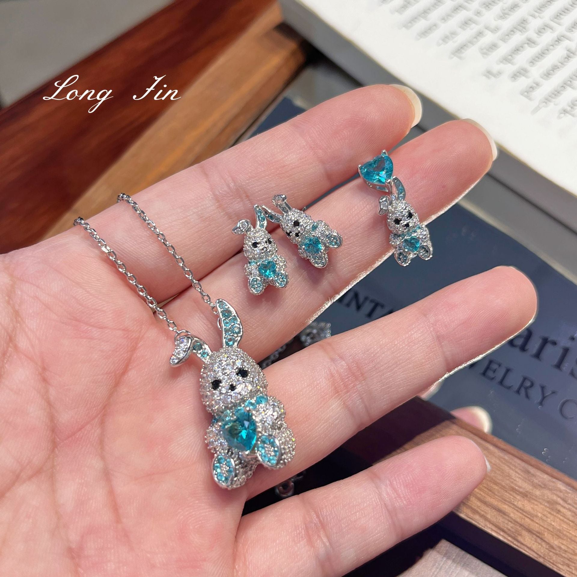 Blue Bunny Hug Jewelry Set – Paraiba Blue Rabbit Necklace, Ring, Earrings & Bracelet