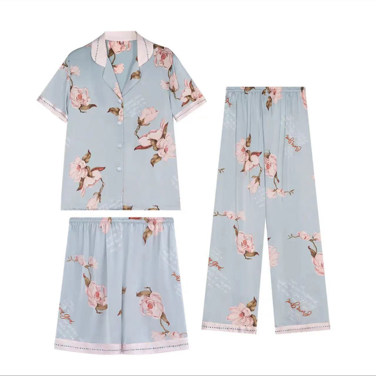 Silk-Feel Pajama Set – Short Sleeve, 3-Piece Shorts/Long Pants