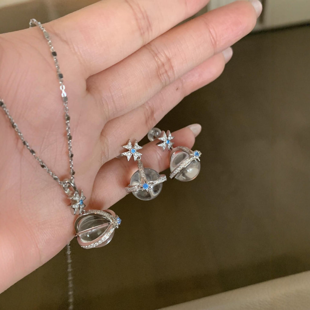 Celestial Sphere Necklace & Earrings – Full Pavé Crystal Planet