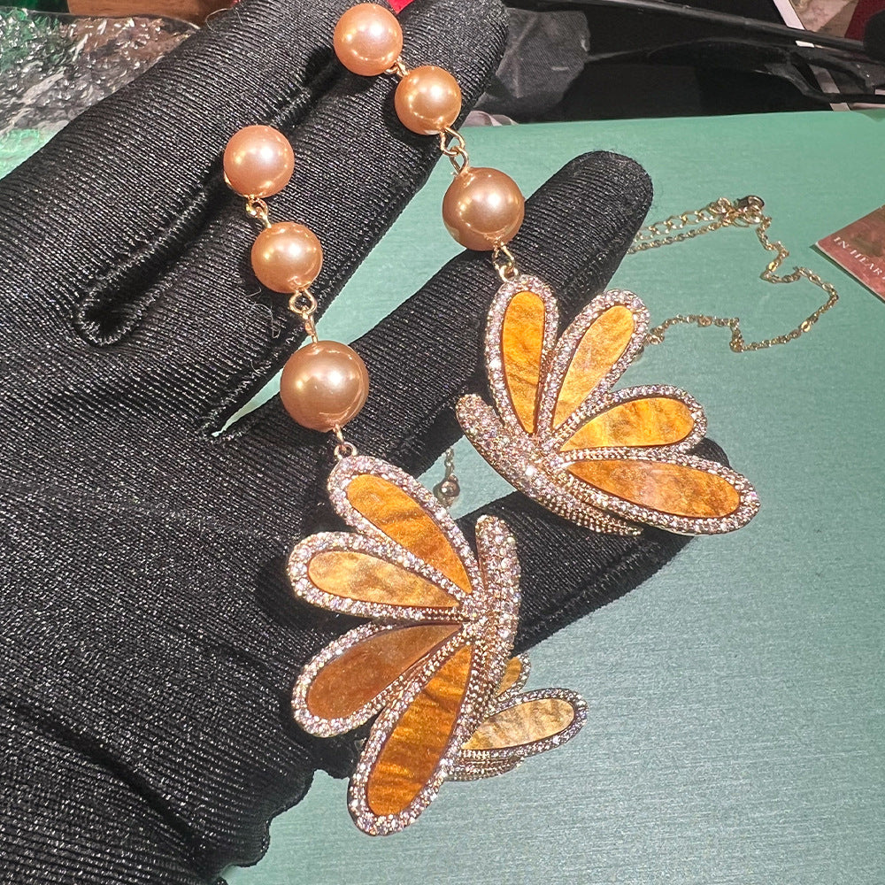 French Butterfly Mother‑of‑Pearl Set – Micro Pavé Earrings & Necklace