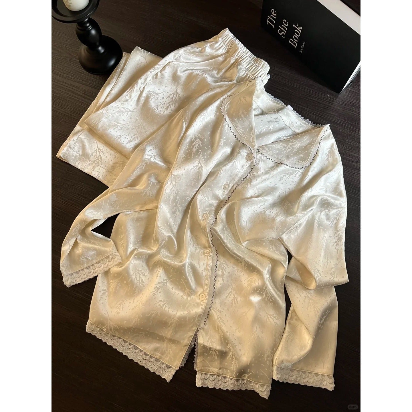 Light Luxury Lace Ice-Silk Pajama Set – Long Sleeve + Long Pants, S-3XL