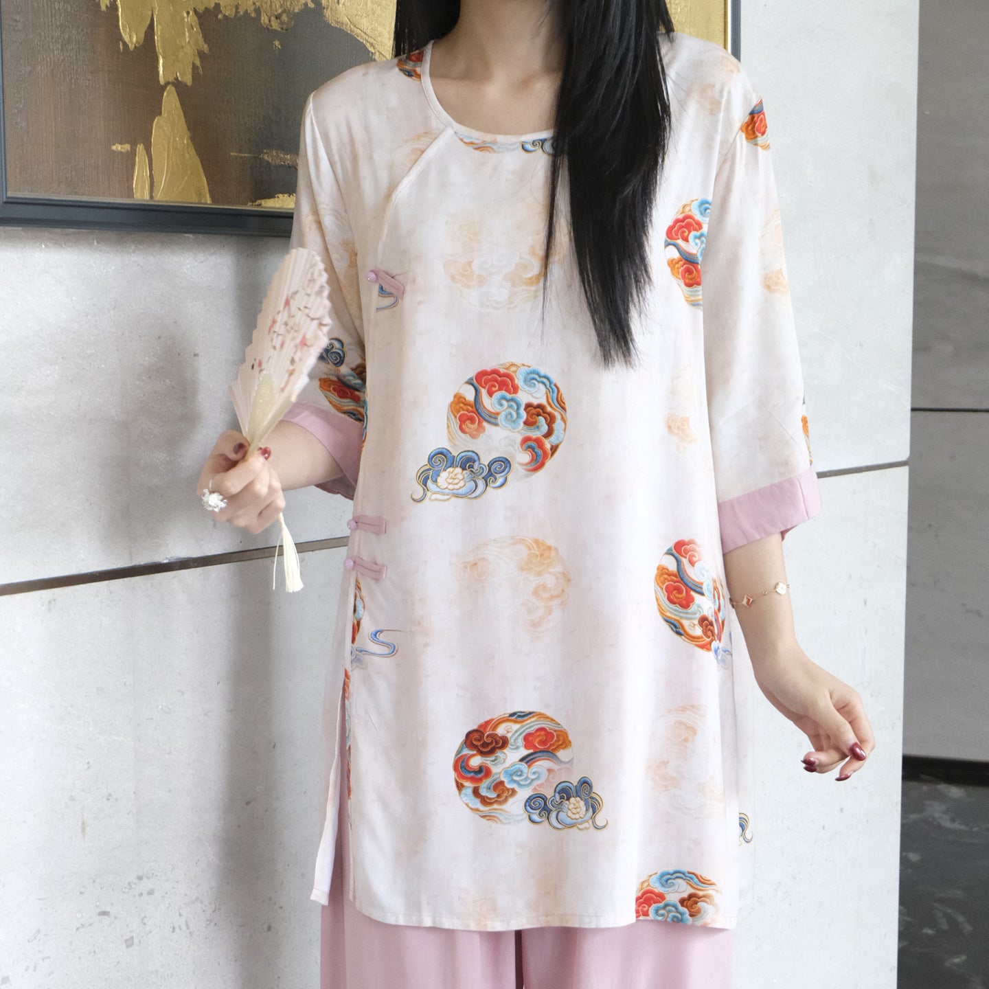 Flowy Wide-Leg Loungewear – Vintage Oriental Print, One Size Fits Most