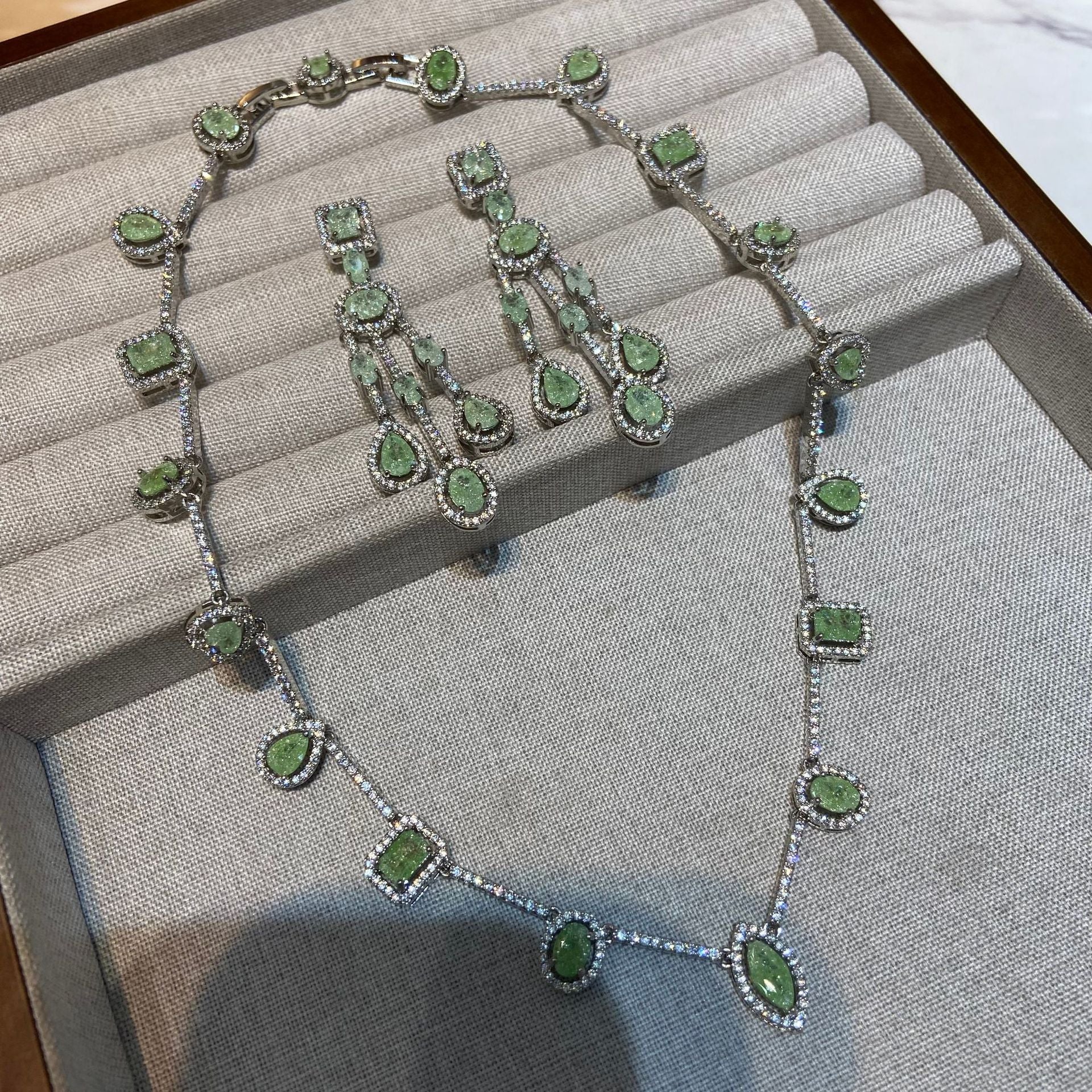 Italian Ice‑Cut Zirconia Set – Green Necklace & Earrings
