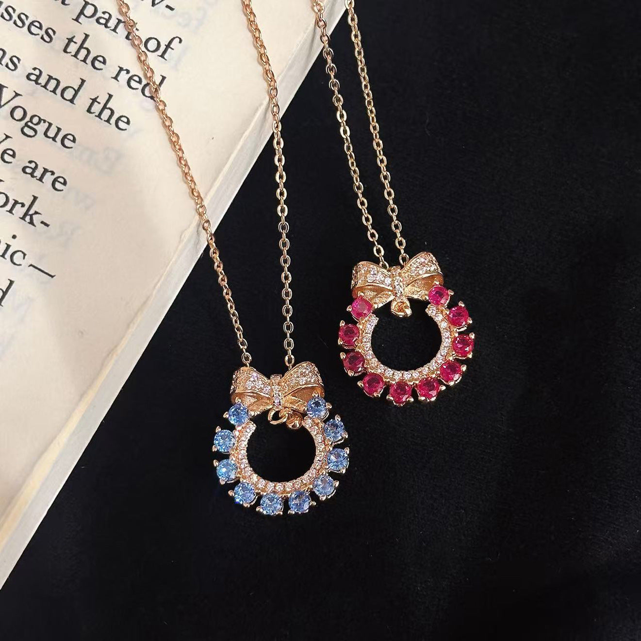 Candy Bow Necklace – Champagne Gold with Blue or Red Pendant
