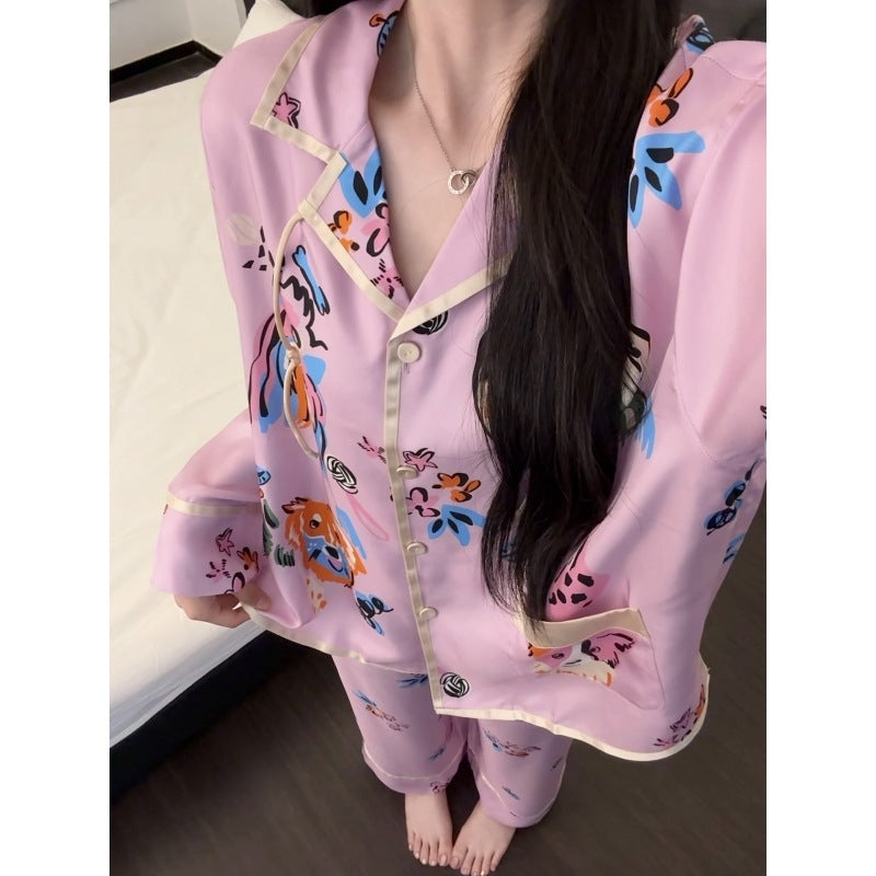 Cooling Ice Silk Pajama Set for Spring/Fall – Oversized Long Sleeve Sleepwear with Colorful Pattern
