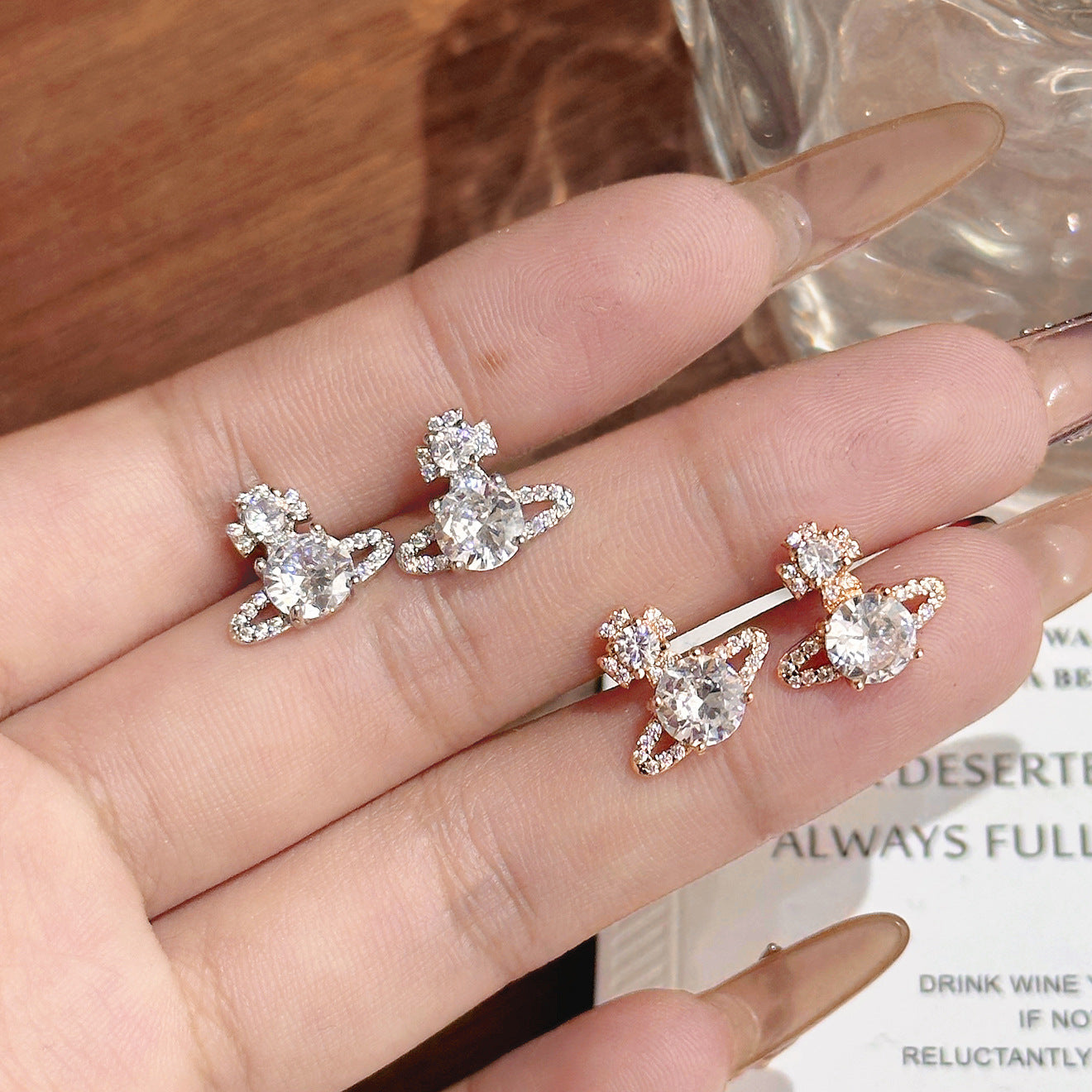 Micro Pavé Planet Earrings – Champagne or White Gold, 925 Silver Posts