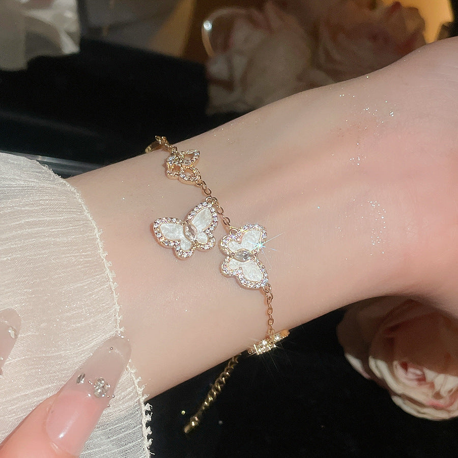 Layered Butterfly Chain Bracelet – Vintage Gold Tone with Purple/Pink/White/Blue Zirconia