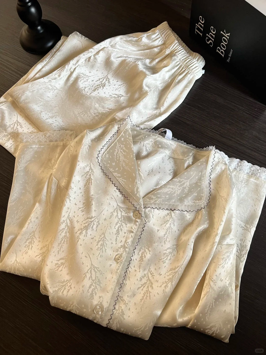 Light Luxury Lace Ice-Silk Pajama Set – Long Sleeve + Long Pants, S-3XL