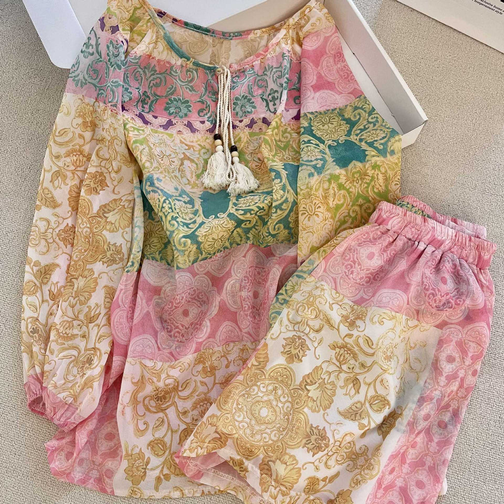 Ethnic Dopamine Short-Sleeve Pajama Set – Colorful Print, Shorts, S-3XL