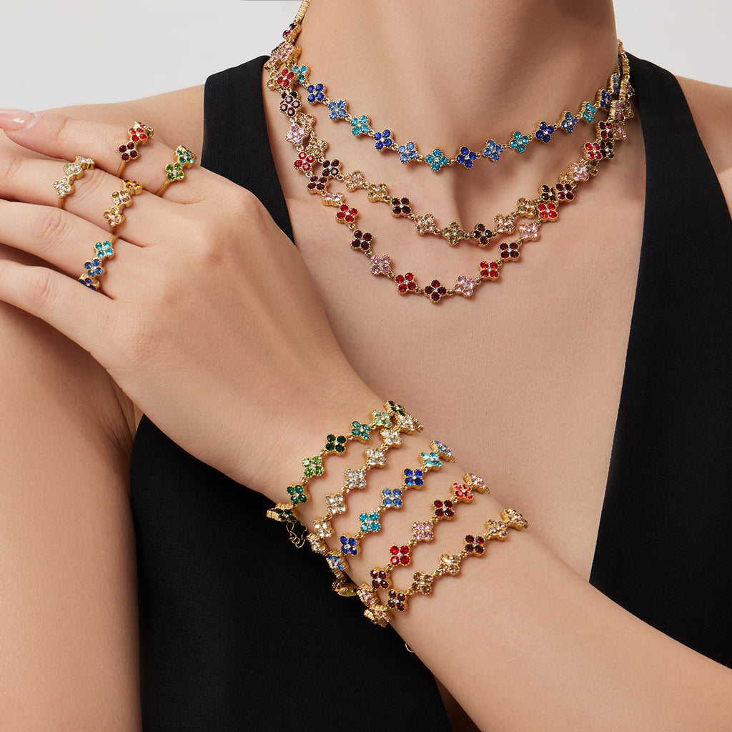Temperament color zircon petals four-leaf flower necklace bracelet earrings niche women's super flash set jewelry