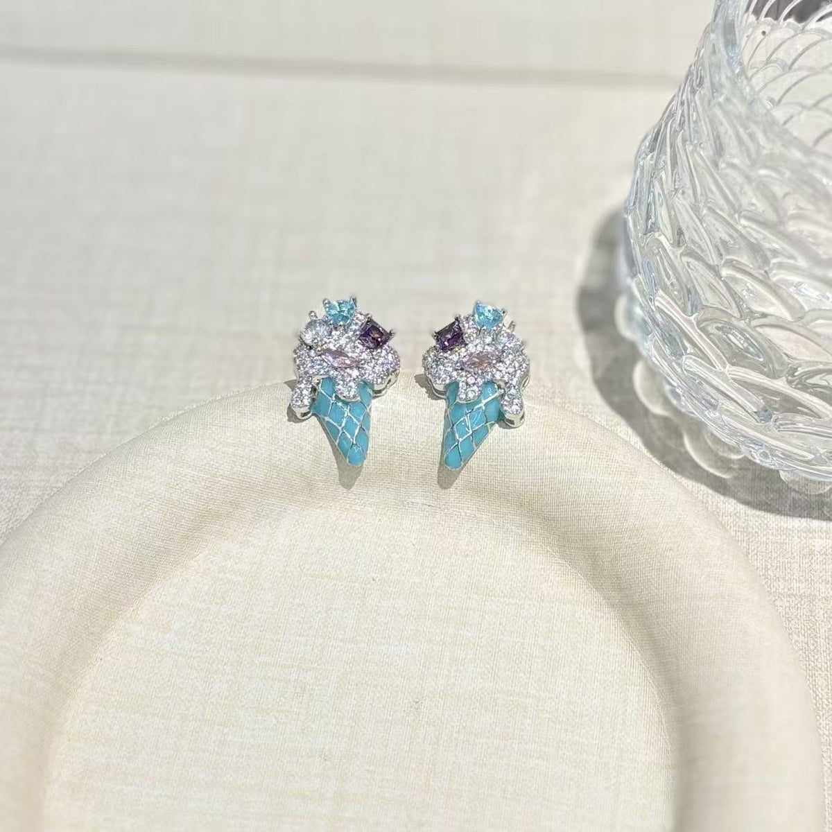 Sweet colored dripping oil zircon ice cream necklace female Japanese and Korean niche cute cone earrings neck chain collarbone chain tide