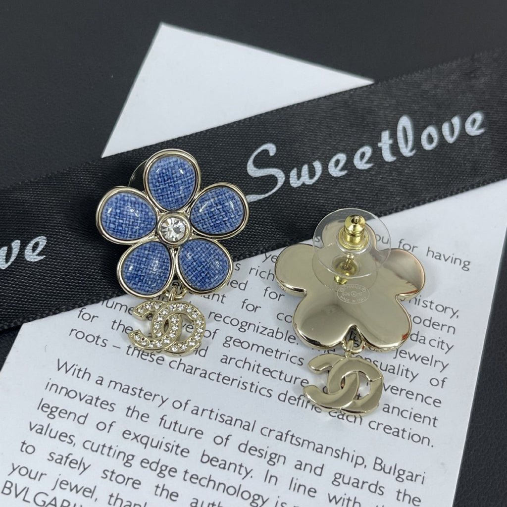 Blue Flower Double‑C Earrings – Cubic Zirconia Blossom with Interlocking C Detail