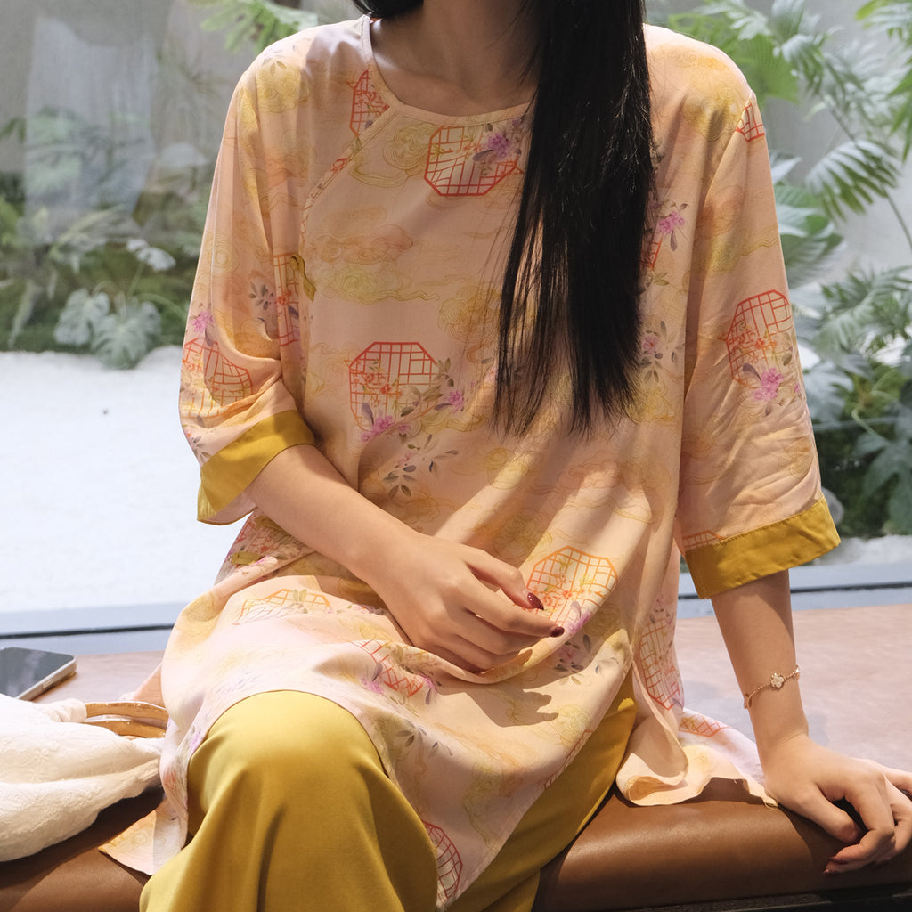Flowy Wide-Leg Loungewear – Vintage Oriental Print, One Size Fits Most