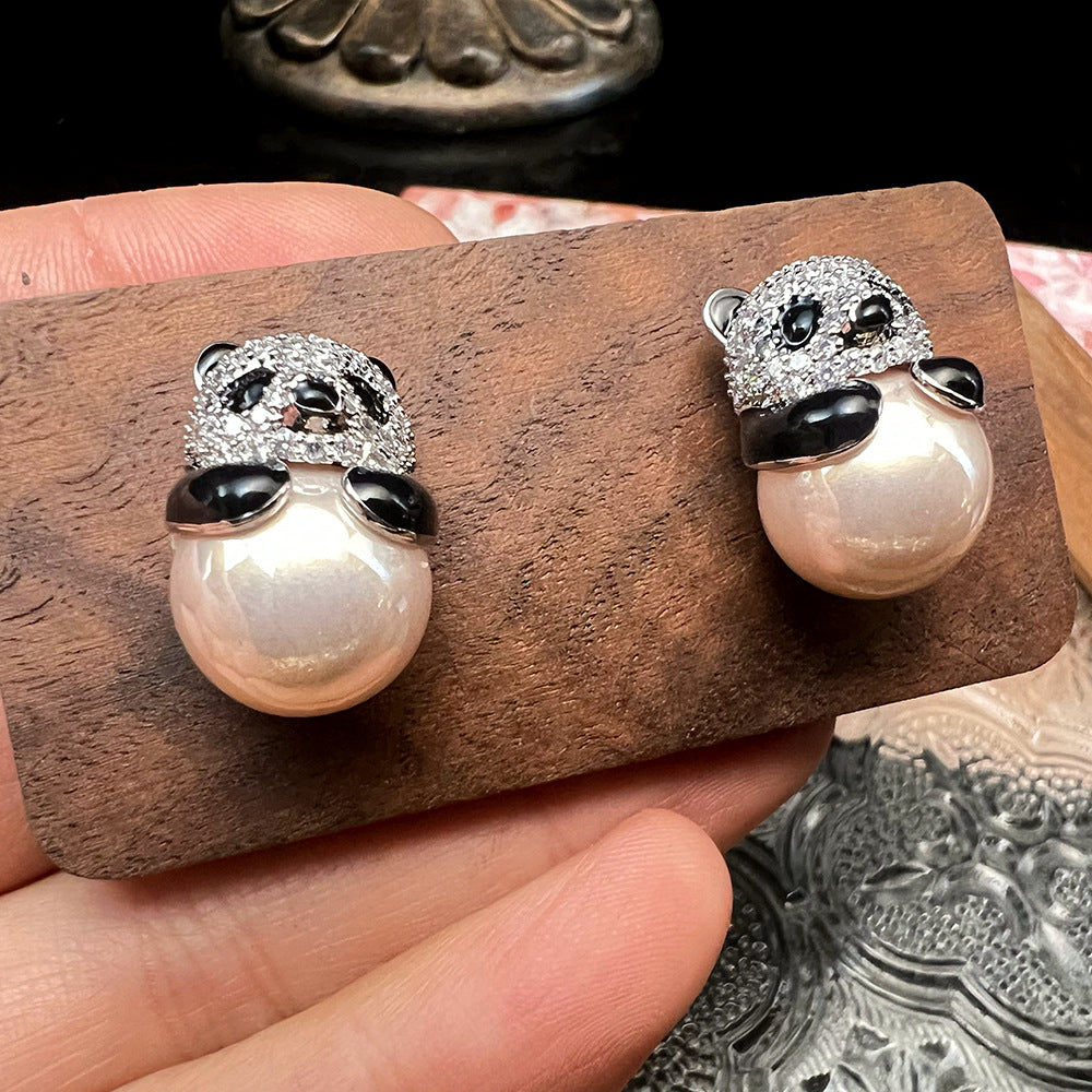 Panda Pearl Studs – Swarovski Elements, 925 Silver, Purple/White/Skin
