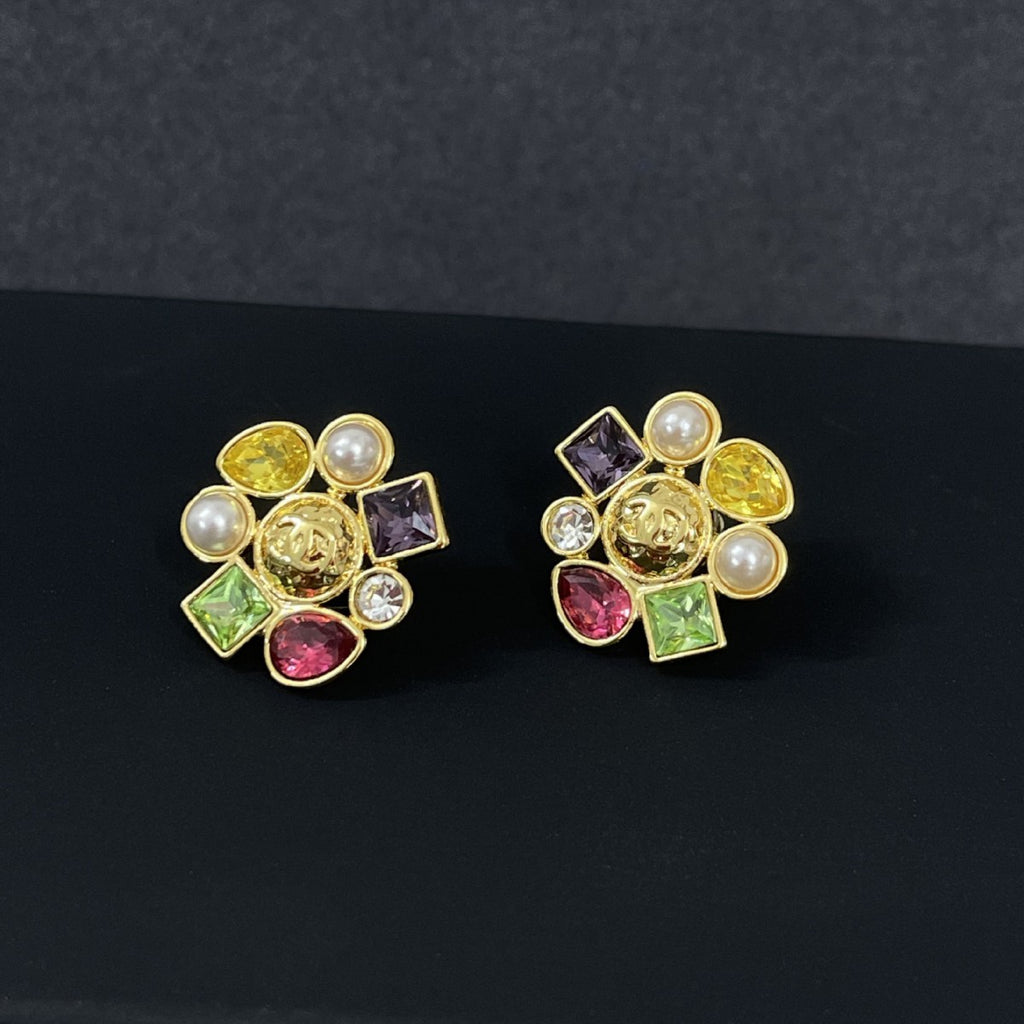 Candy‑Color Square Gem Double‑C Earrings – Gold Flower Base with Baroque Pearl