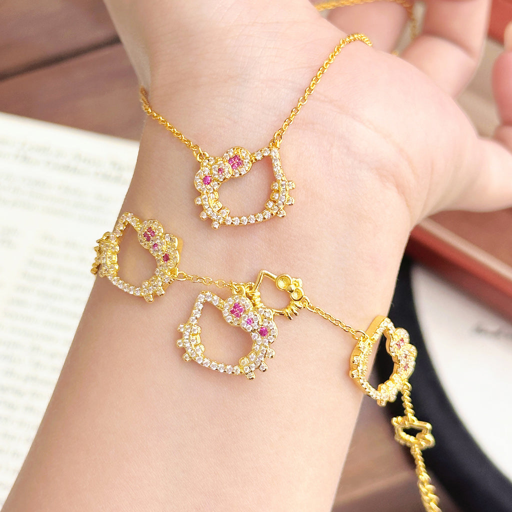 Kitty Cat Pavé Set – Sparkling Choker, Bracelet & Stud Earrings in Gold