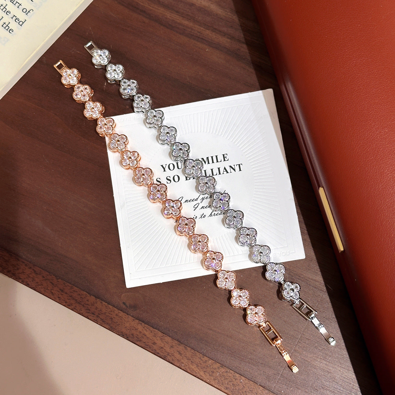 Full Pavé Four‑Leaf Bracelet – 5 Gem Colors, Champagne or White Gold