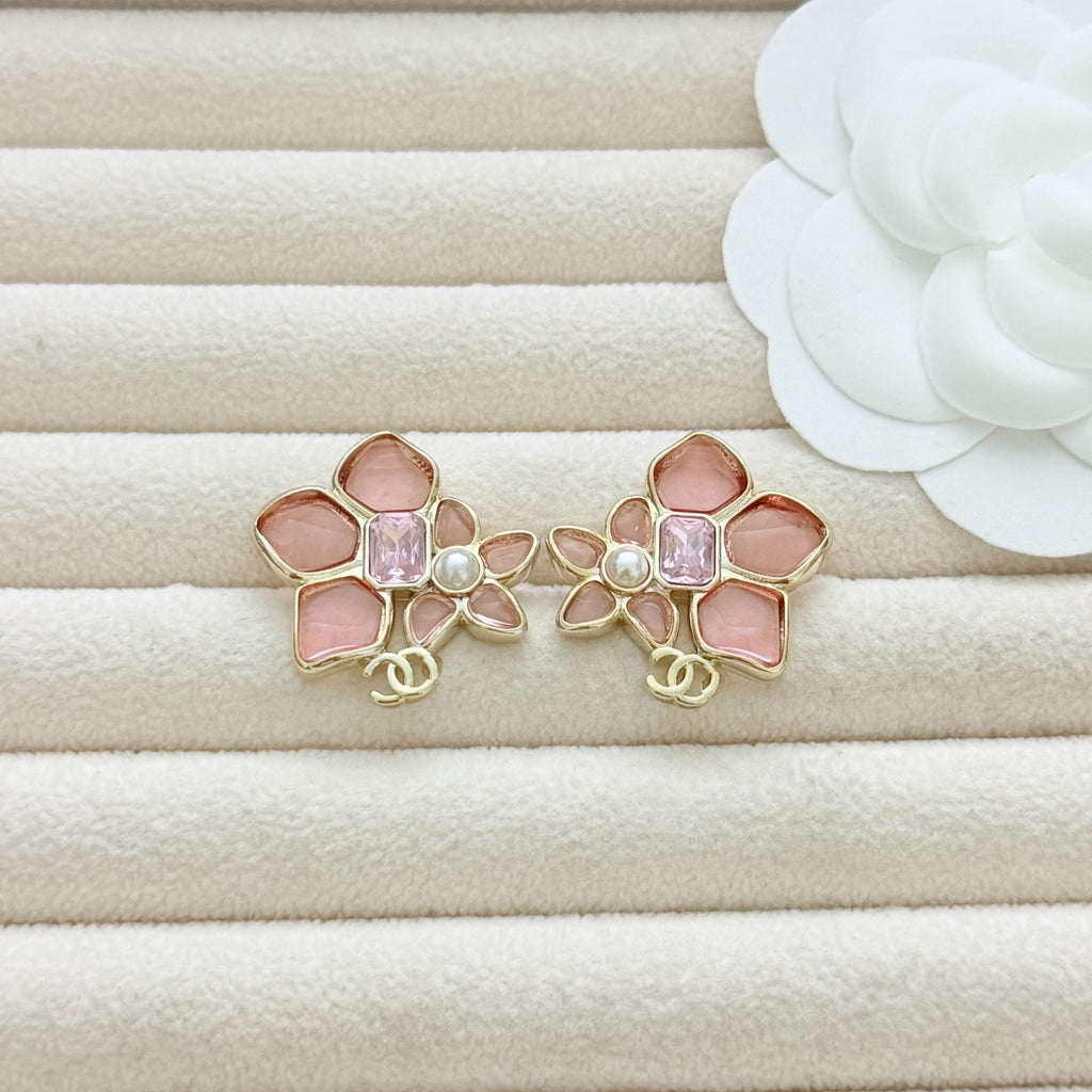 Cherry Blossom Square Diamond Earrings – CC Logo Studs in Gold Tone