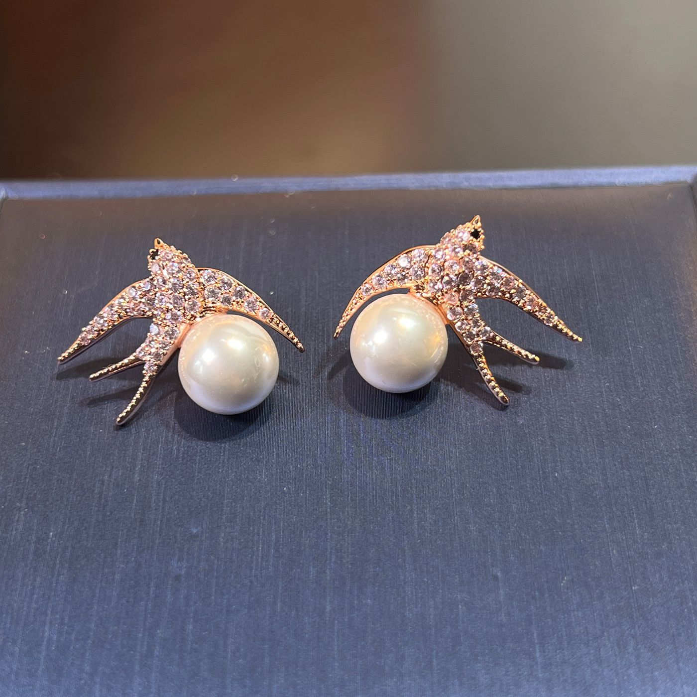 Swallow & Pearl Studs – 925 Silver, Blue/Pink/Silver