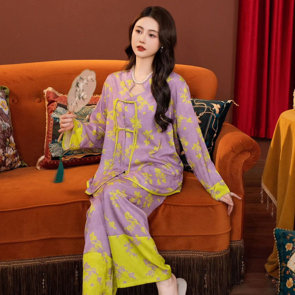 New Chinese Cotton-Silk Pajama Set – Mid-Sleeve + Wide-Leg Pants, One Size