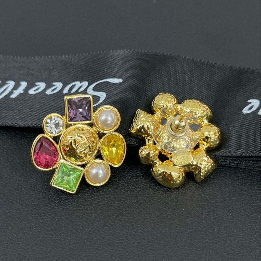 Candy‑Color Square Gem Double‑C Earrings – Gold Flower Base with Baroque Pearl