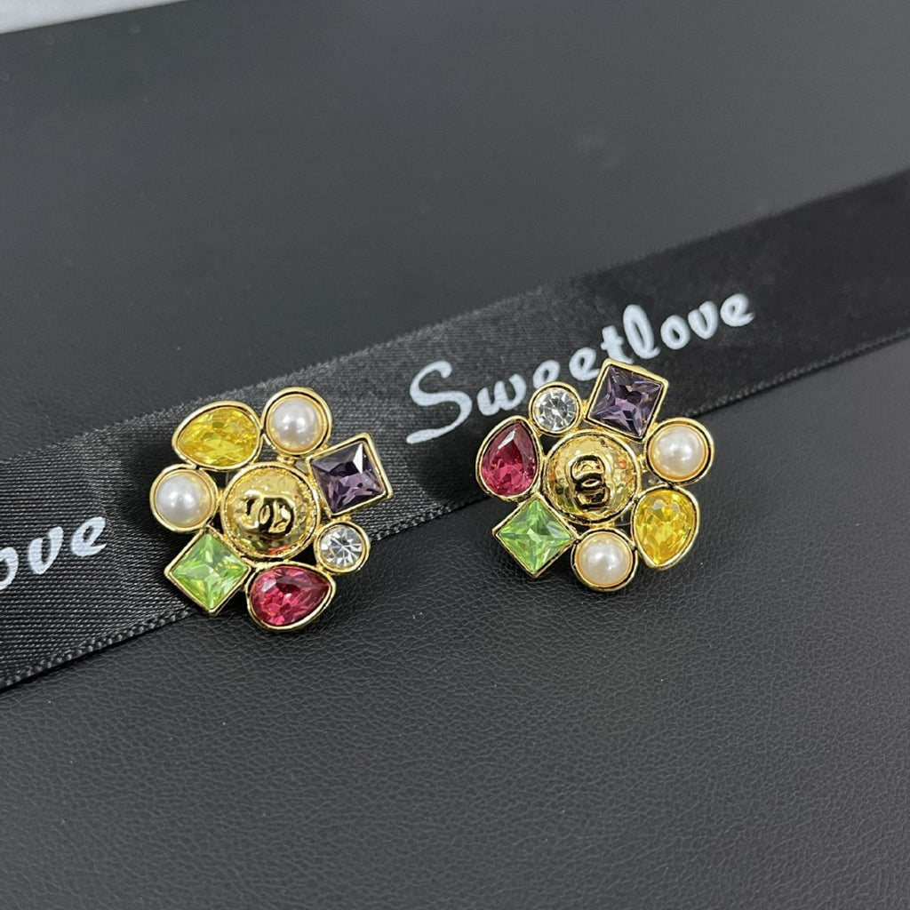 Candy‑Color Square Gem Double‑C Earrings – Gold Flower Base with Baroque Pearl