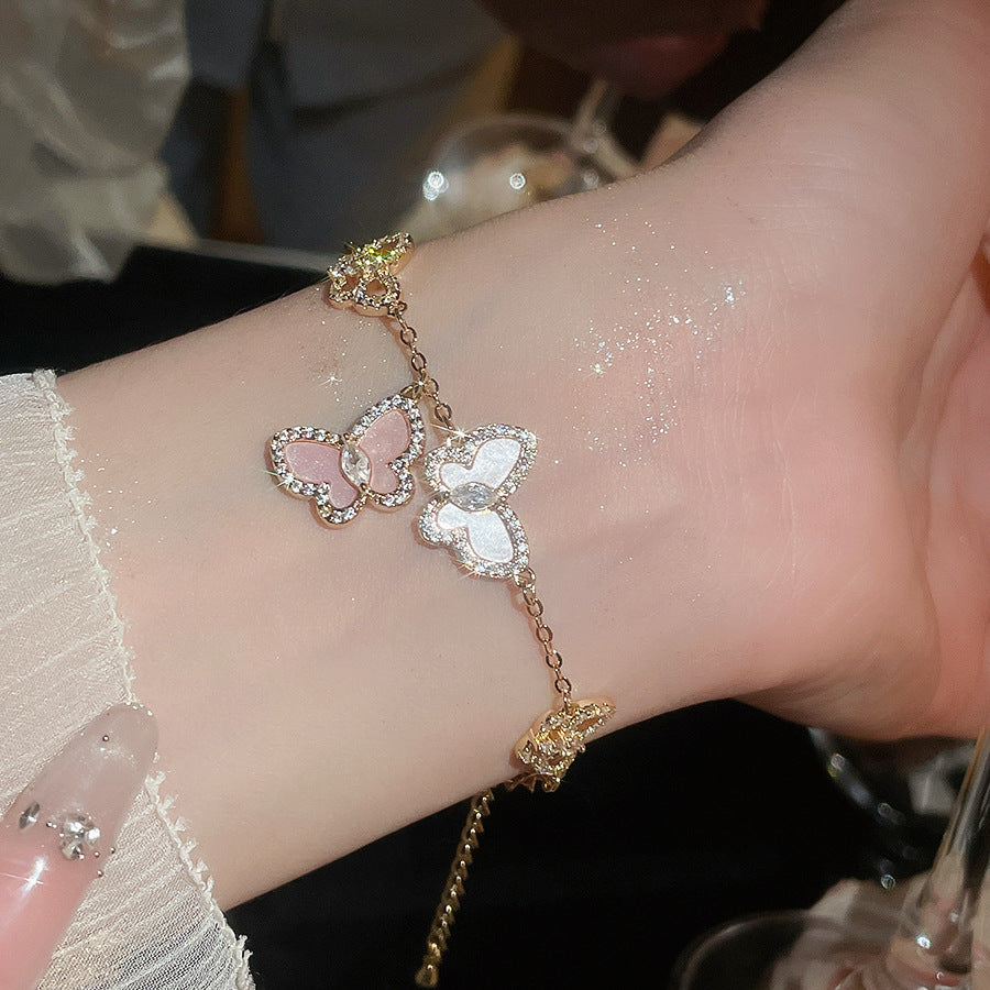 Layered Butterfly Chain Bracelet – Vintage Gold Tone with Purple/Pink/White/Blue Zirconia