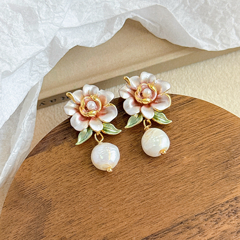 Elegant Camellia Pearl Set – 18K Gold Plated Necklace & S925 Earrings