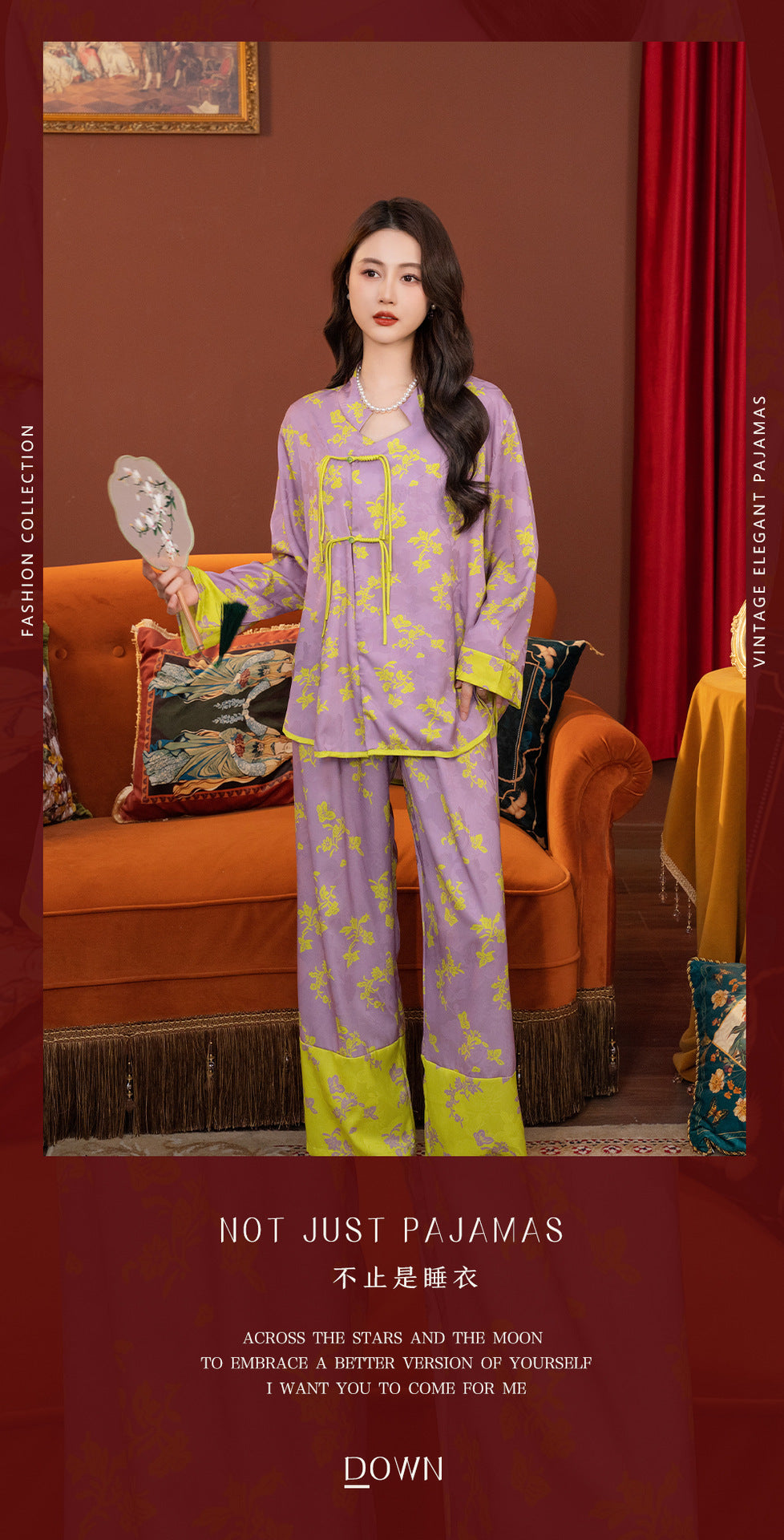 New Chinese Cotton-Silk Pajama Set – Mid-Sleeve + Wide-Leg Pants, One Size
