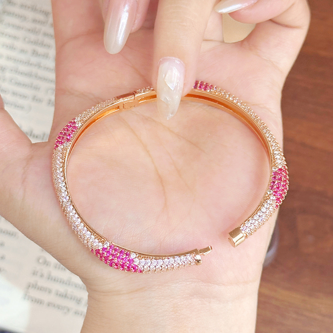 Peach Pink Gradient Full Pavé Bracelet – Champagne Gold