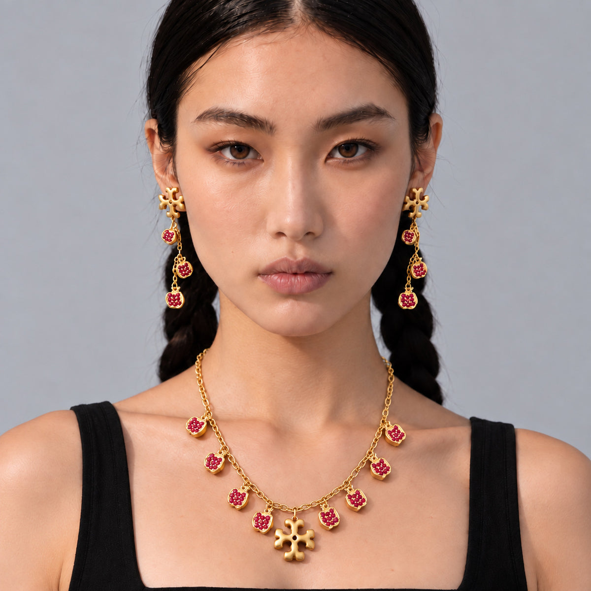 Red pomegranate zirconium set niche light luxury fashion personality high sense new trend set