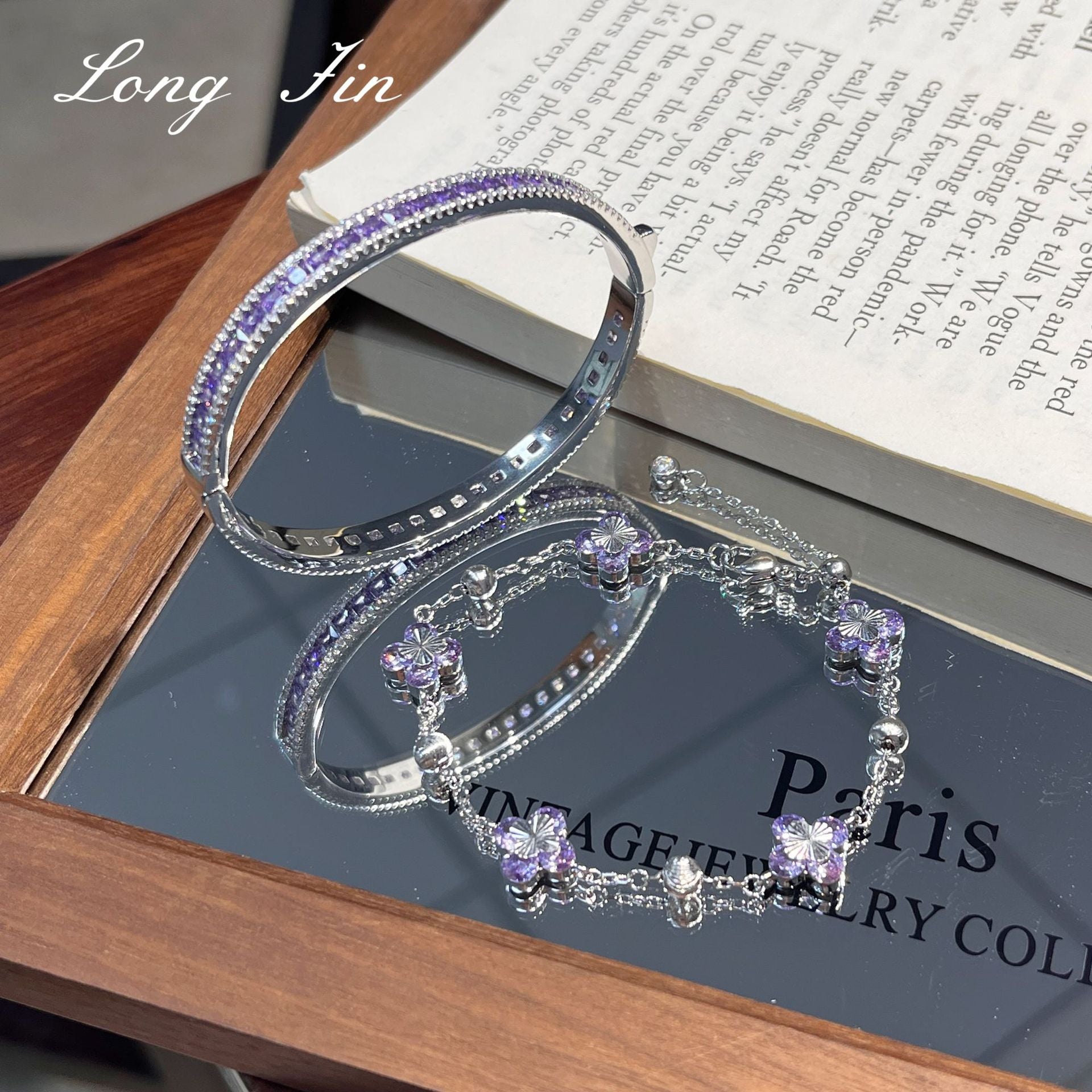 Purple Star Trail Bracelet Set – Full Pavé Cuff & Four-Leaf Clover Chain