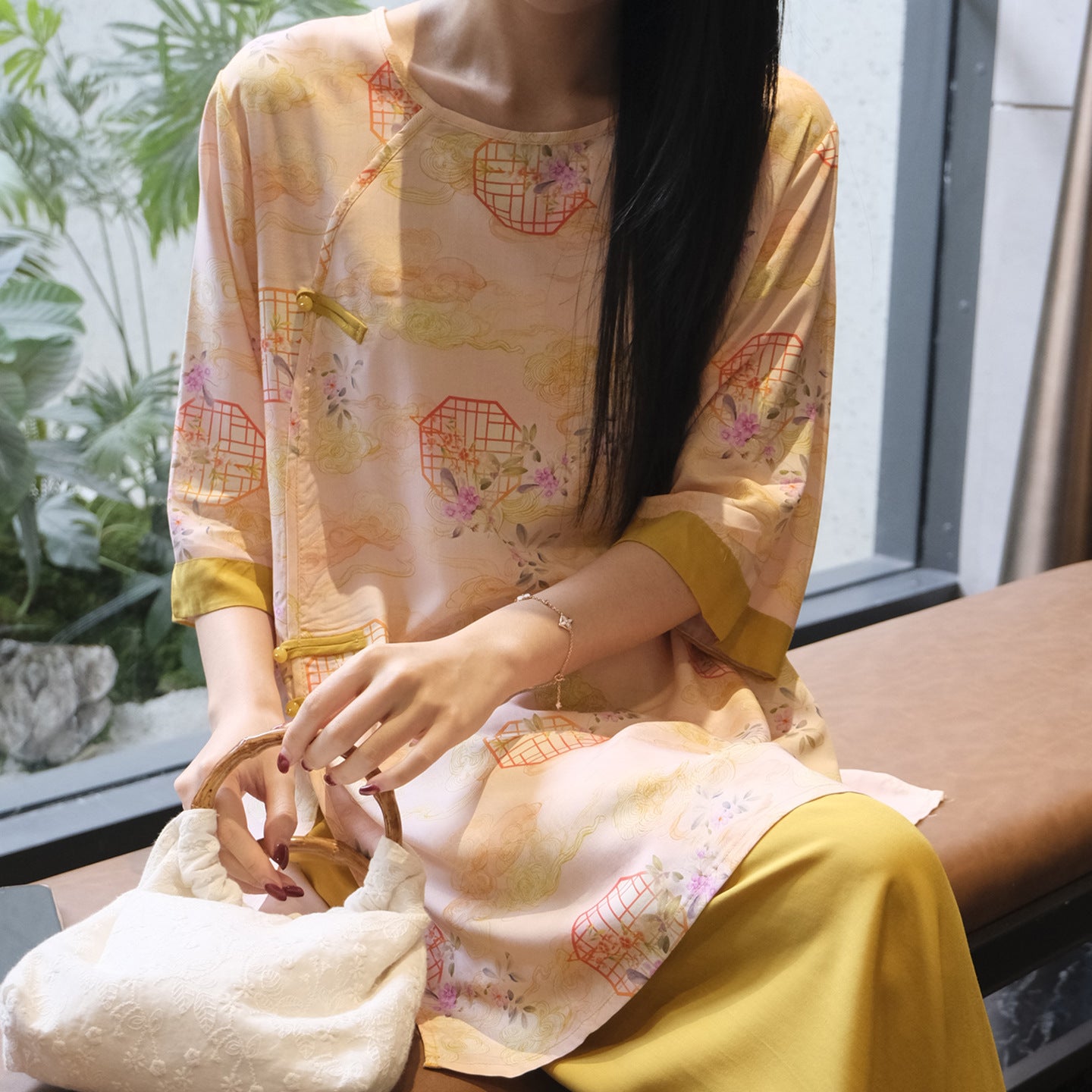 Flowy Wide-Leg Loungewear – Vintage Oriental Print, One Size Fits Most