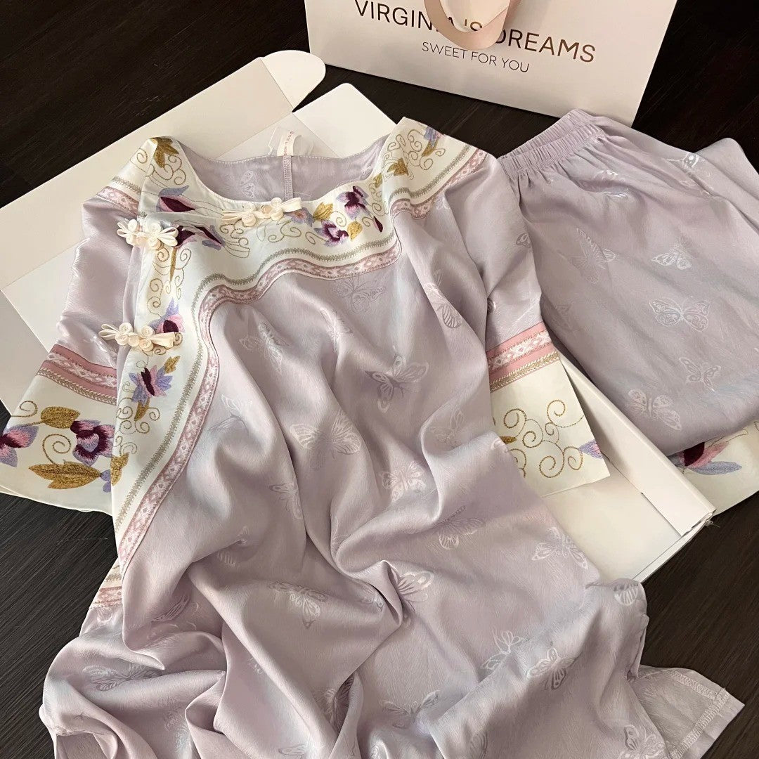 Vintage Purple Floral Pajama Set – Summer Short Sleeve + Long Pants, S-3XL
