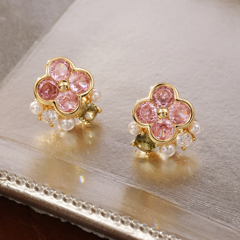 Pink Zircon Flower Earrings | Fairycore Nature Jewelry for Women