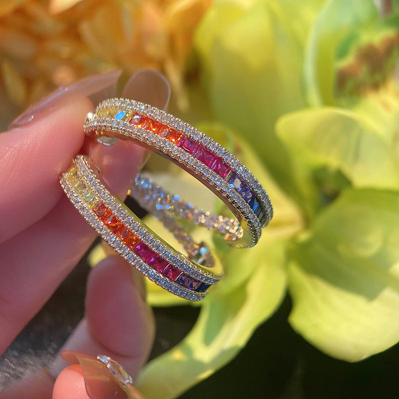 Rainbow Gradient Hoop Earrings – 925 Silver Posts, Ombre Color Circle