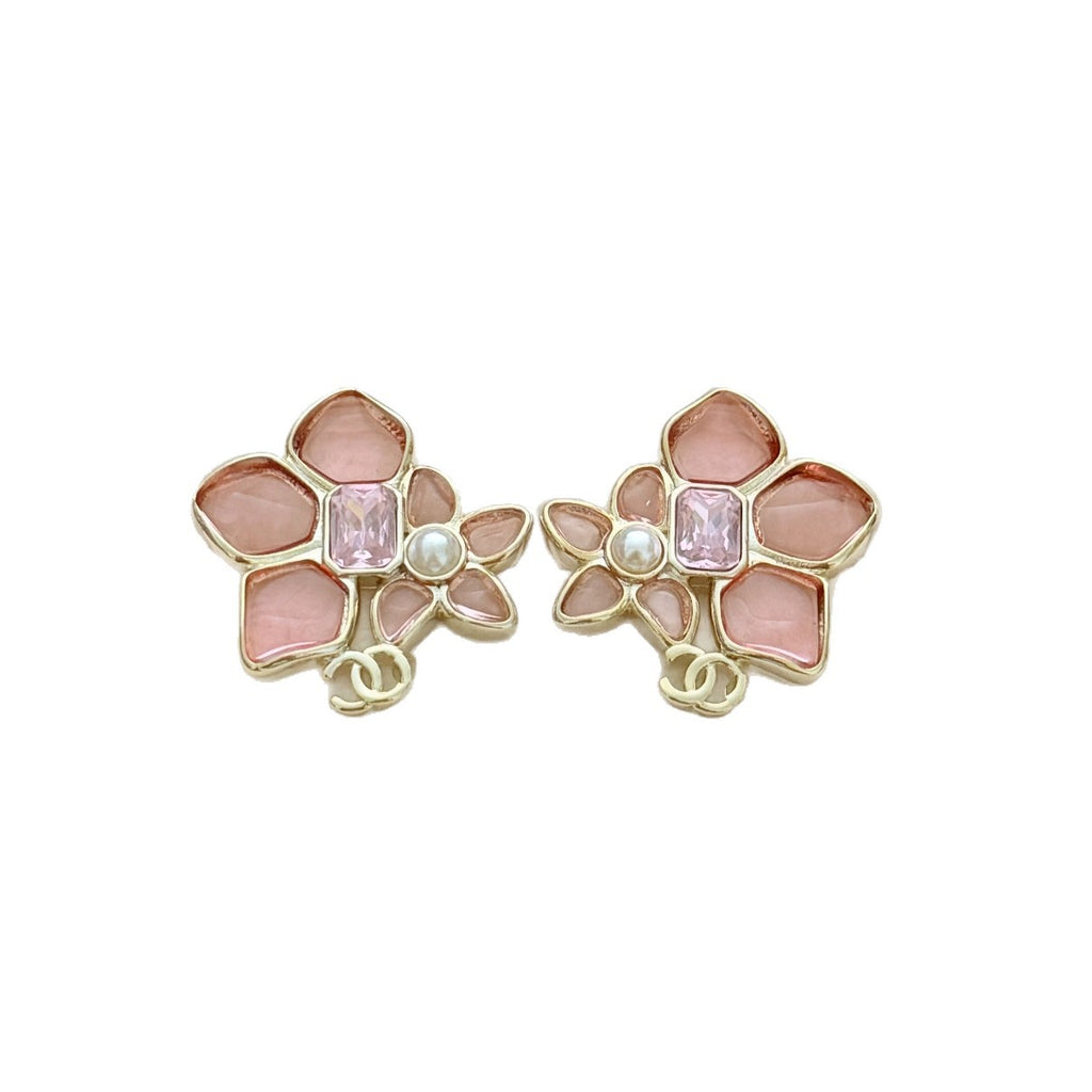 Cherry Blossom Square Diamond Earrings – CC Logo Studs in Gold Tone