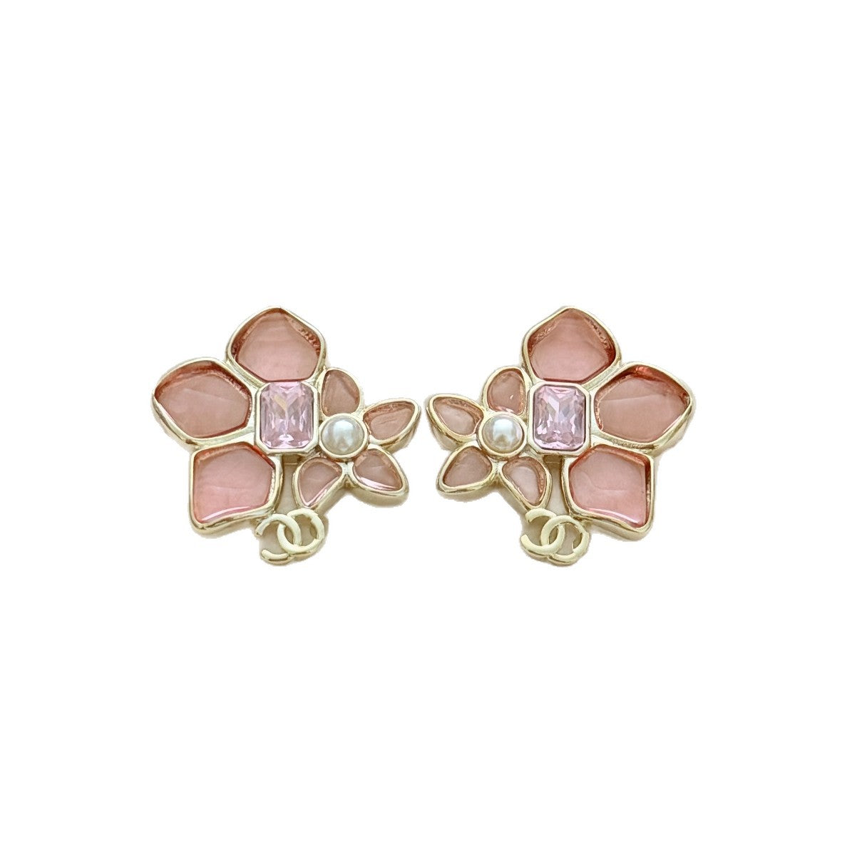 Cherry Blossom Square Diamond Earrings – CC Logo Studs in Gold Tone