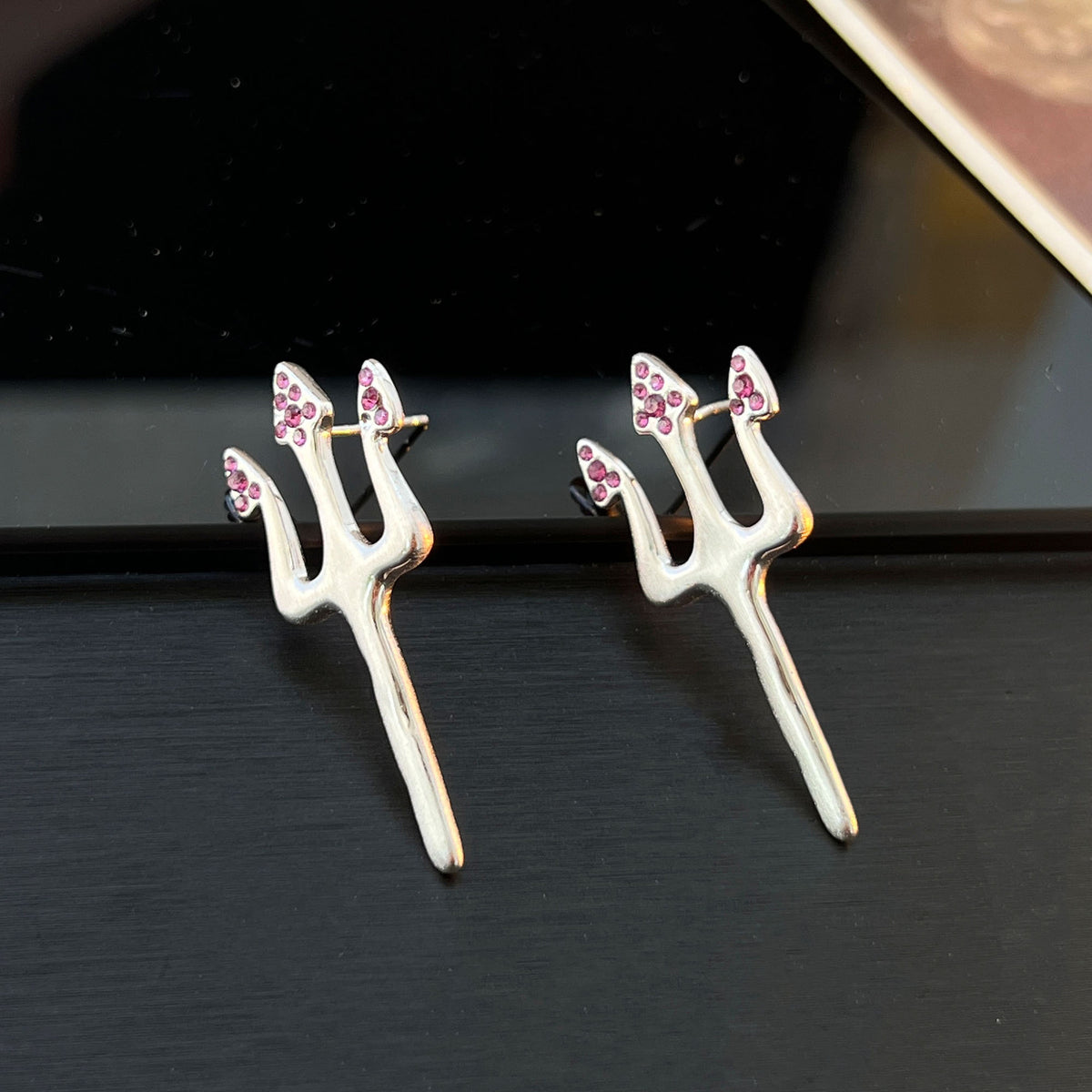Brushed Silver Trident Earrings – 925 Silver Posts, Edgy Statement