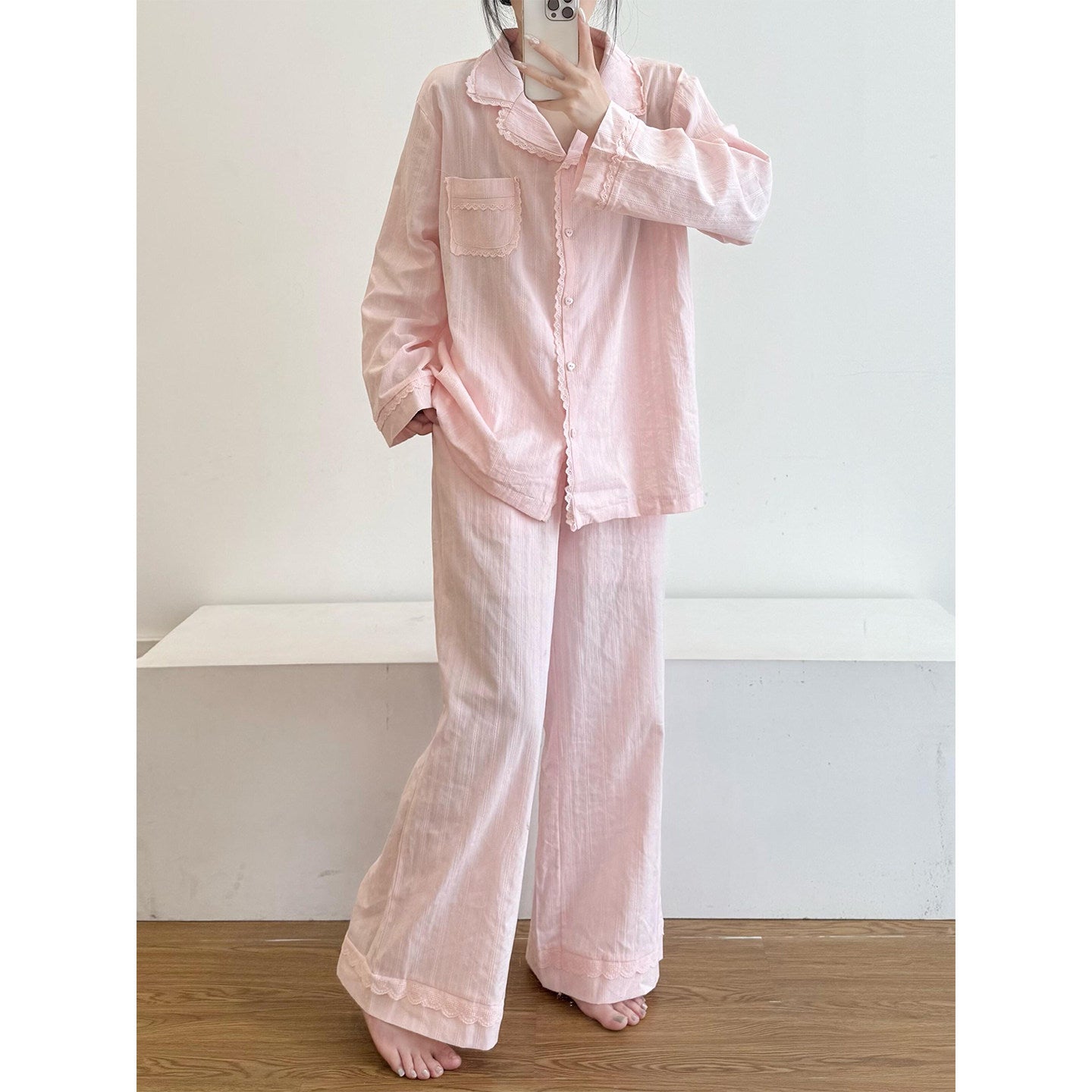 Spring Floral Lace Pajama Set – Lightweight Cotton Loungewear in Blue, White & Pink