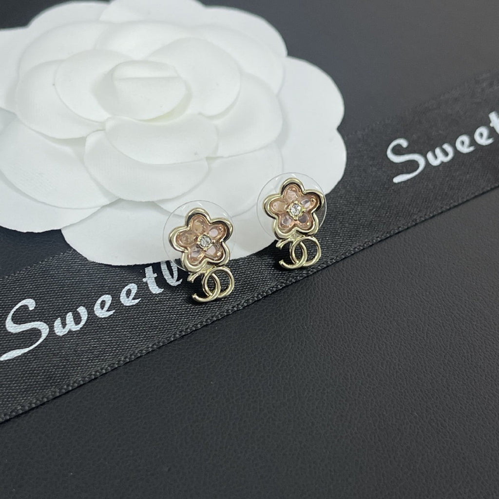 New early spring flower zircon stud earrings pink camellia small double cCC earrings 26CC simple stud earrings women