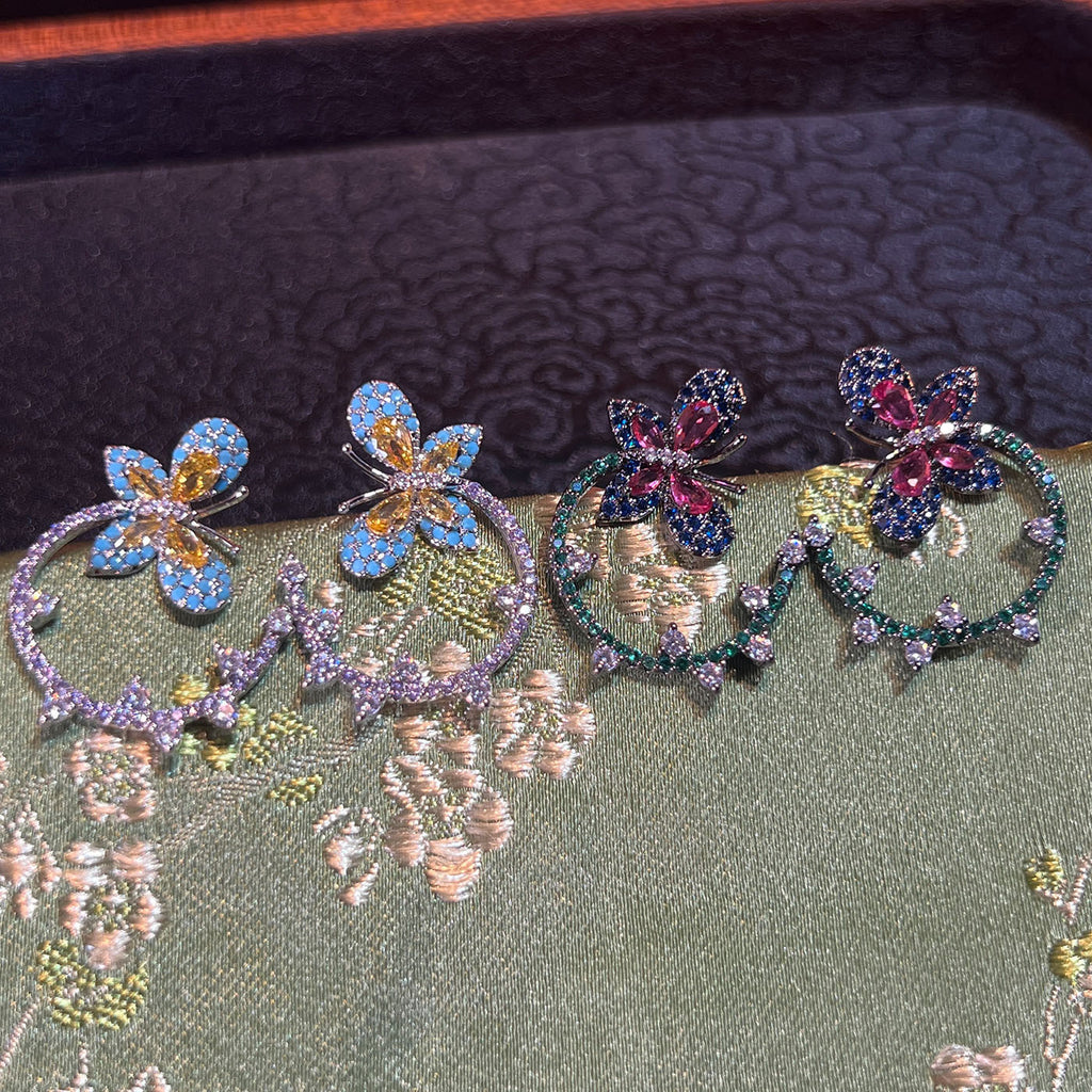 Chinese Butterfly Pavé Earrings – Sky Blue or Green