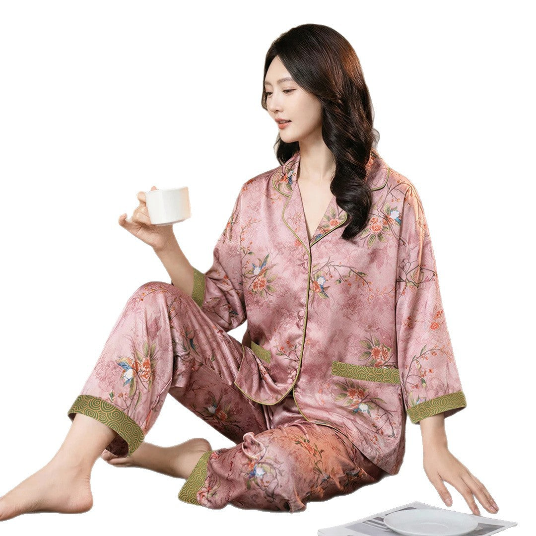 "Pink Shadow" Floral 3-Piece Pajama Set – Loose Fit, Ice-Silk
